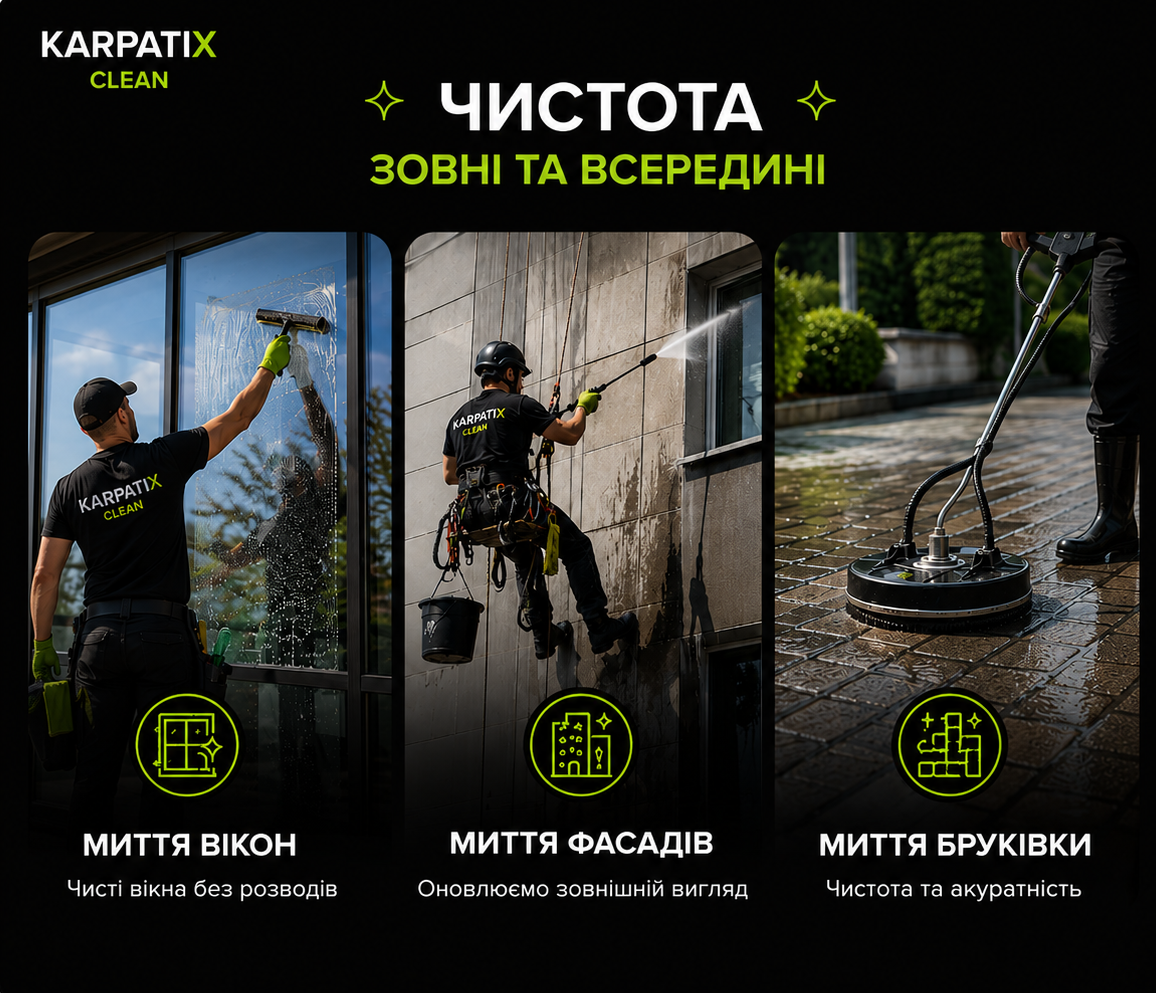 Миття вікон, фасадів та бруківки
